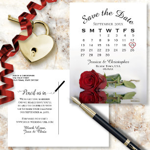 Elegant Röd ros Bröllop Kalender Spara datum Meddelande Vykort