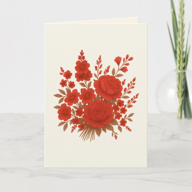 Elegant röd ros bröllopskort | Elfenben, guldblomm Inbjudan (Framsida)