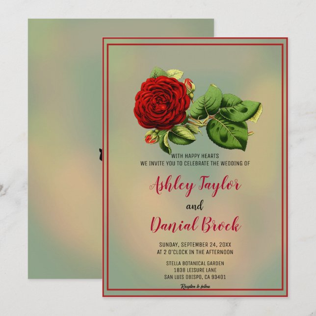 Elegant röd ros dammiga boho ramlade blommigt Bröl Inbjudningar (Fram/baksida)