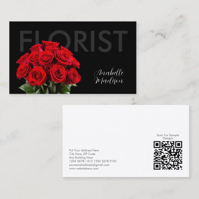 Elegant Röd ros Florist-Affärskortet på svart Visitkort (Fram/baksida)