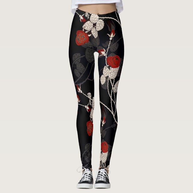 Elegant Röd ros Flower Black Leggings (Framsida)