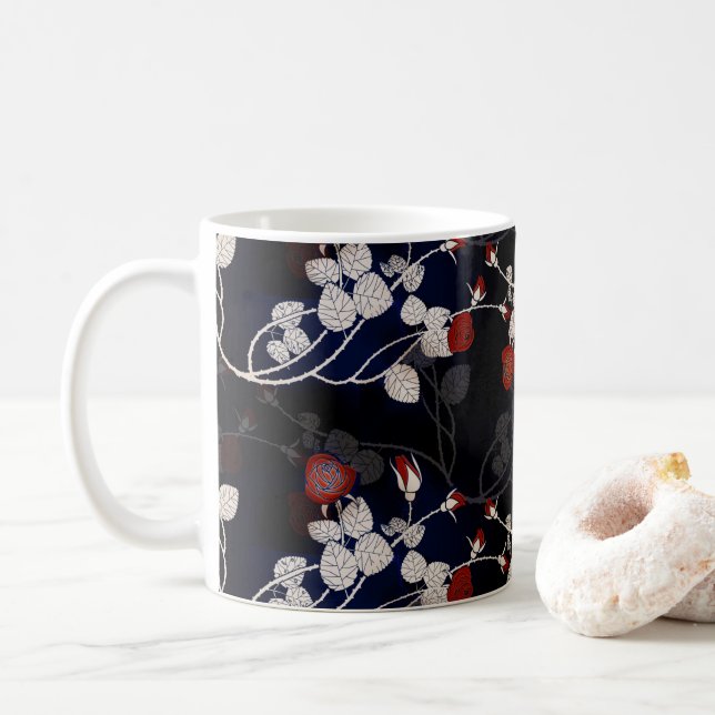 Elegant Röd ros Flower Mönster Black Kaffemugg (Med munk)
