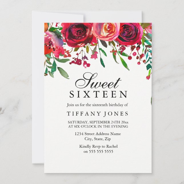 Elegant Röd ros Flower Sweet 16-årsdagen inbjudan (Framsida)
