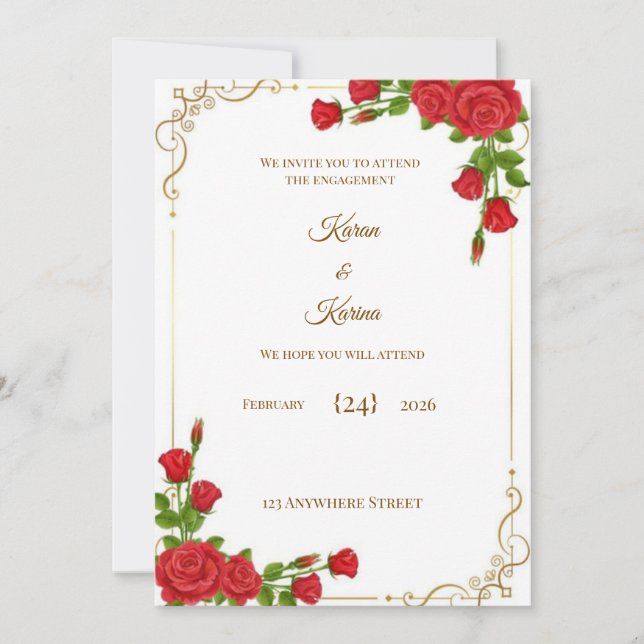 Elegant röd ros förlovningsinbjudan med guld C Inbjudningar (Framsida)