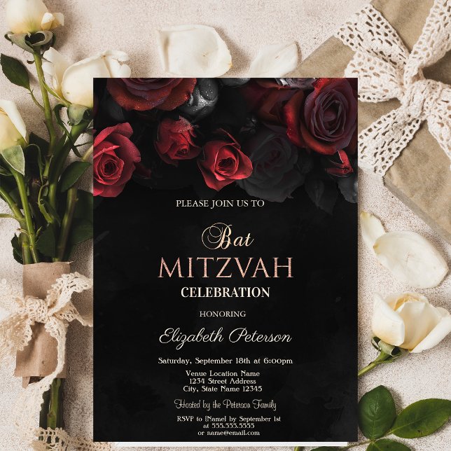 Elegant Röd ros Gothic Bat mitzvah Inbjudningar (Skapare uppladdad)