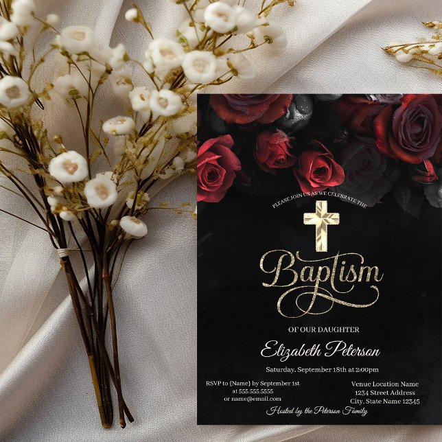 Elegant Röd ros Gothic Black Baptism Inbjudningar (Skapare uppladdad)