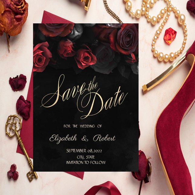 Elegant Röd ros Gothic Black Save Date Spara Datumet (Skapare uppladdad)