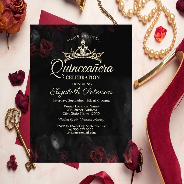 Elegant Röd ros Gothic Quinceañera Inbjudningar (Skapare uppladdad)