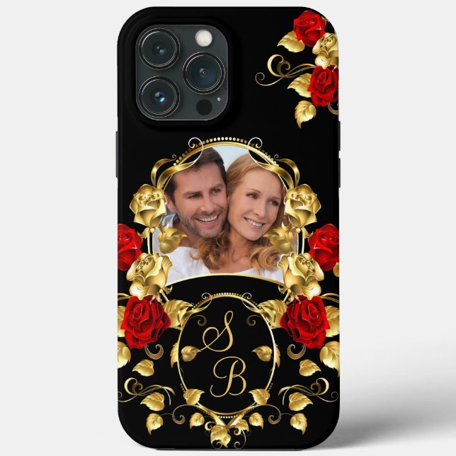 Elegant Röd ros Guld Black Photo Monogram (Baksida)
