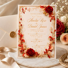 Elegant röd ros & guld blomsterlig vigselinbjudan inbjudningar