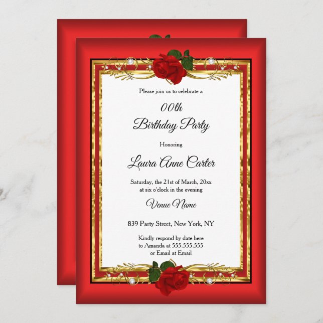 Elegant röd ros Guld fotoFödelsedagsfest Inbjudningar (Fram/baksida)