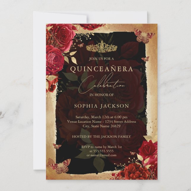 Elegant röd ros guld Quinceanera inbjudan (Framsida)