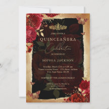 Elegant röd ros guld Quinceanera inbjudan