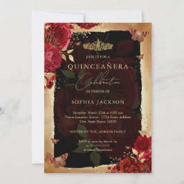 Elegant röd ros guld Quinceanera inbjudan