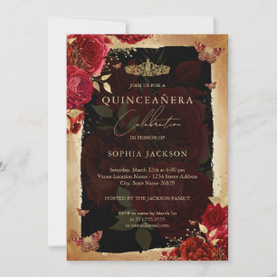 Elegant röd ros guld Quinceanera inbjudan