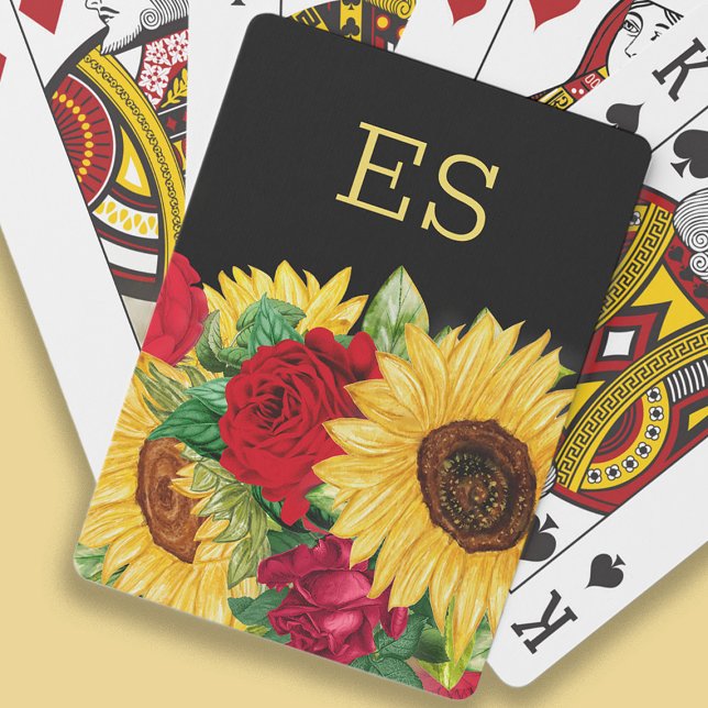 Elegant Röd ros Gult Solblommor Black Monogram Casinokort (Monogrammed playing cards with sunflowers and red roses on black)