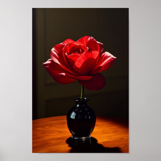 Elegant röd ros i svart vas konst poster (Framsidan)