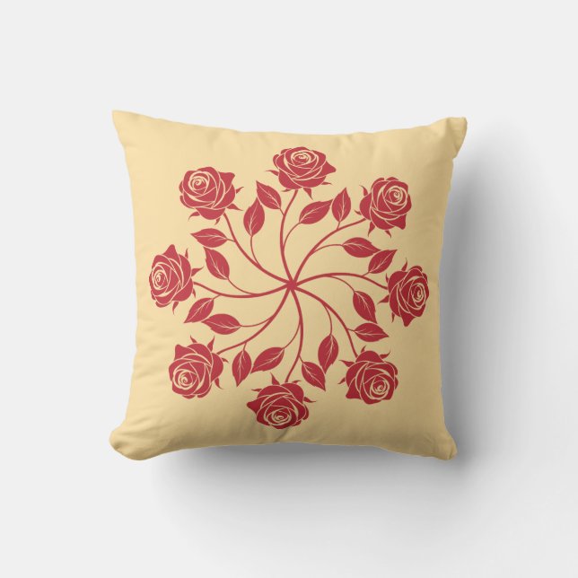 Elegant röd ros mandala cirkulär blommig design kudde (Framsida)