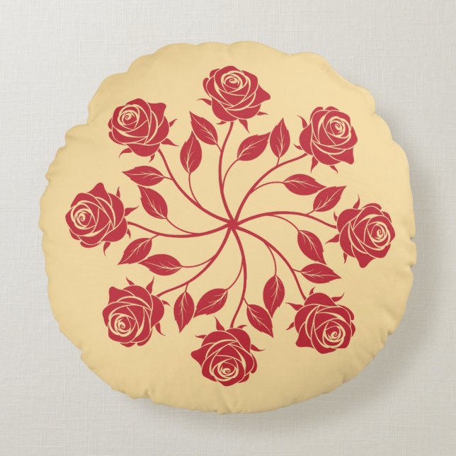 Elegant röd ros mandala cirkulär blomsterdesign rund kudde (Framsidan)