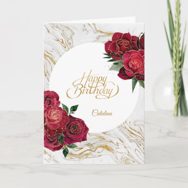Elegant Röd ros Marble Personlig Birthday Kort (Framsida)