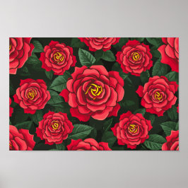 Elegant Röd ros med Lush Grönt Löv Mönster Poster