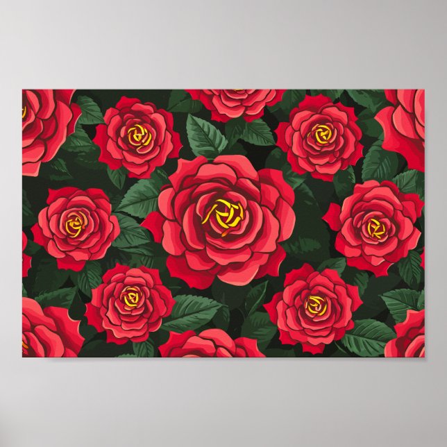 Elegant Röd ros med Lush Grönt Löv Mönster Poster (Framsidan)