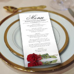 Elegant Röd ros med Reflection Bröllop Meny<br><div class="desc">Den här vackra menyn kommer att lägga lite stil till ditt bröllopsmottagande. Det har en vacker och romantisk utformning med ett enda röd ros ljugande på sidan som reflekterar i vatten bassäng med vinkara och krusande föremål. Det finns utrymme för namn från paret och bröllop, och texten är helt anpassade....</div>