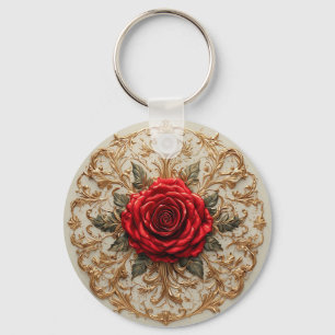 Elegant röd ros med utsmyckad gul blomsterdesign nyckelring