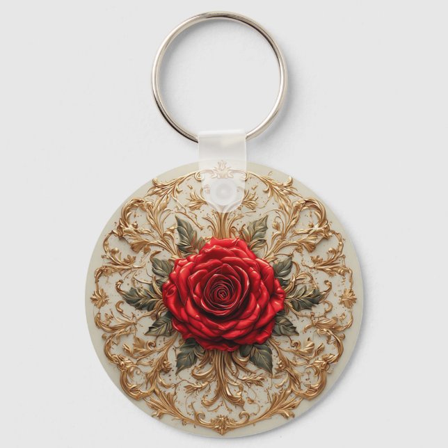Elegant röd ros med utsmyckad gul blomsterdesign nyckelring (Framsida)