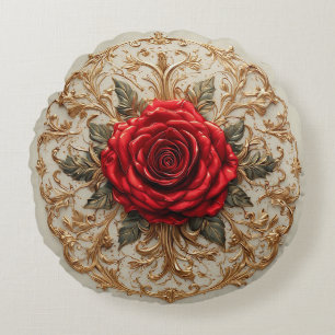 Elegant röd ros med utsmyckad guldf floral rund kudde