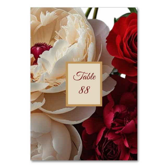 Elegant Röd ros och Cream Peony Bord Card Bordsnummer (Framsidan)