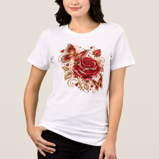 Elegant röd ros och fjäril blomster T-shirt