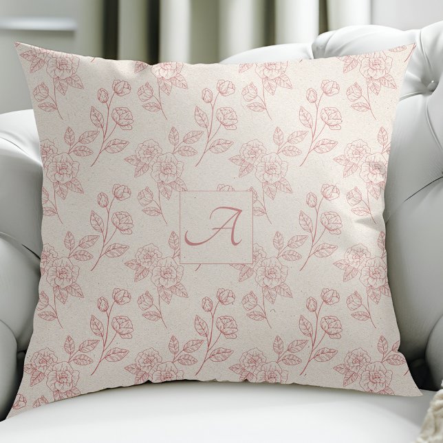 Elegant Röd ros Papper Chintz Monogram Kudde (Skapare uppladdad)