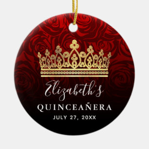 Elegant, Röd ros-Quinceanera, Krona Julgransprydnad Keramik