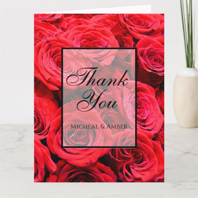 Elegant röd ros rödblommor röd blommigt tack kort (Framsida)