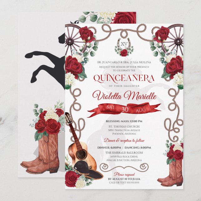 Elegant Röd ros Rustic Mariachi Charra Quinceanos Inbjudningar (Fram/baksida)