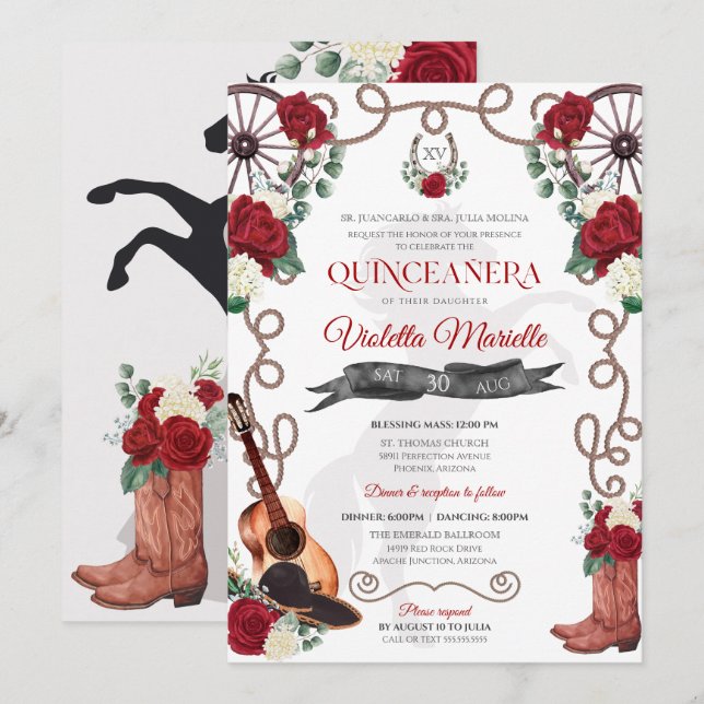 Elegant Röd ros Rustic Mariachi Charro Quinceanos Inbjudningar (Fram/baksida)