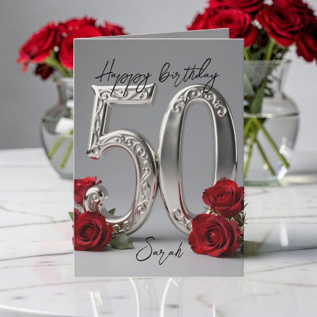 Elegant röd ros silver 50-års jubileum födelsedag kort (Skapare uppladdad)