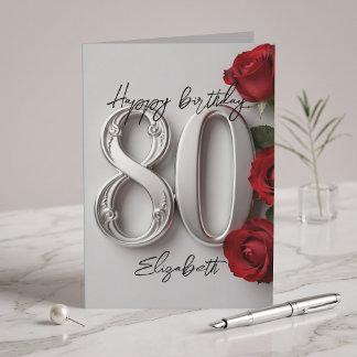 Elegant röd ros silver 80-årsdag jubileum kort
