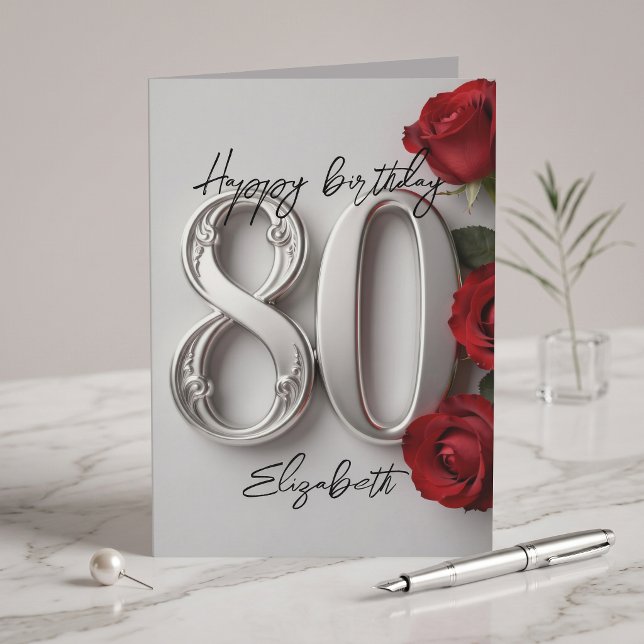 Elegant röd ros silver 80-årsdag jubileum kort (Skapare uppladdad)