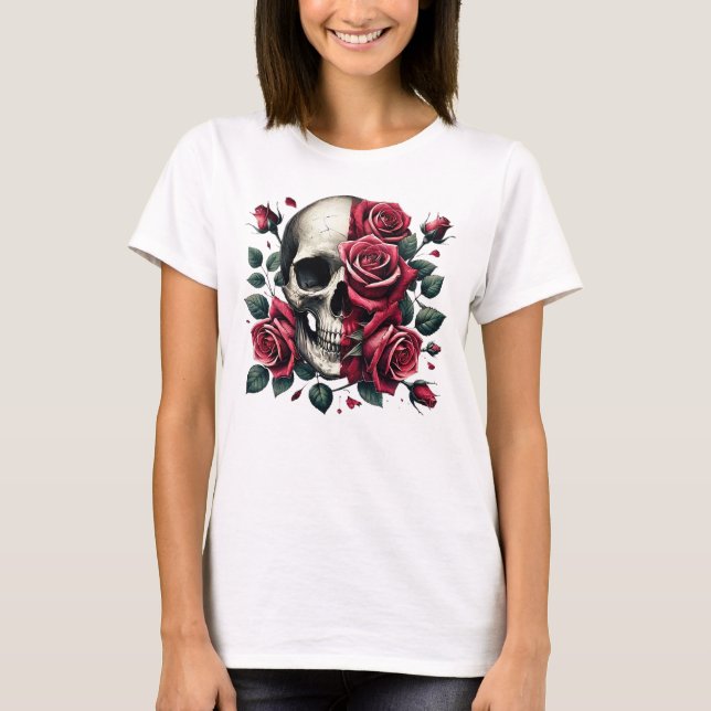 Elegant Röd ros Skull Art T Shirt (Framsida)