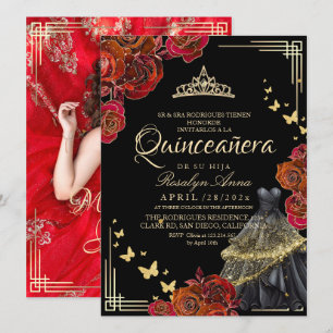 Elegant röd ros svart guld fjäril Quinceañera Inbjudningar