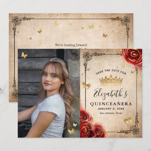 Elegant röd ros svart och guld foto Quinceanera Spara Datumet