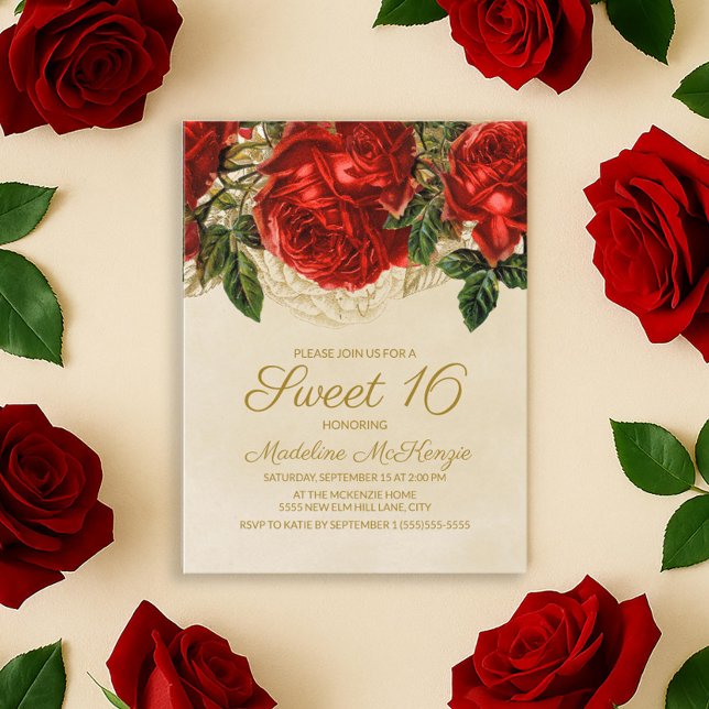 Elegant Röd ros Tan Sweet 16 Födelsedagsinbjudan Vykort (Elegant red roses Sweet 16 birthday party invitation postcard)