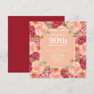 Elegant röd rosa blommig 90-årsfest för kvinnor inbjudningar