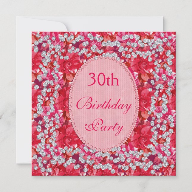 Elegant röd/rosa blommig & diamant 30-årsdag inbjudningar (Framsida)