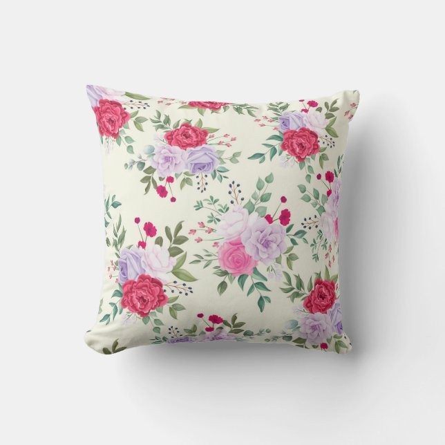 elegant röd, rosa blommig kudde (Framsida)