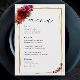 Elegant röd rosa blommig och falsk guld bröllop meny
