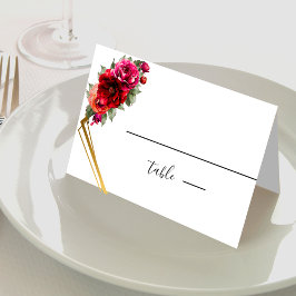 Elegant röd rosa blommig och falsk guld bröllop placeringskort