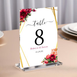 Elegant röd rosa blommig och falsk guldbröllop bordsnummer